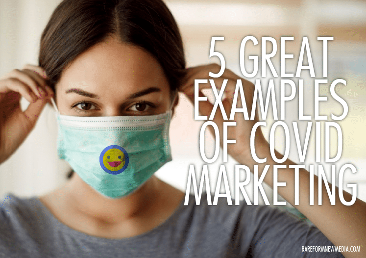 The title of this article over a picture of A woman putting on a surgical mask with a smiley face on the front