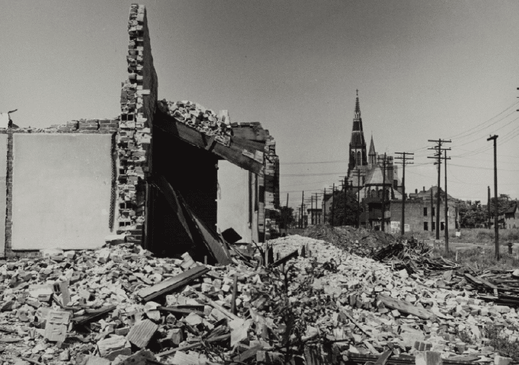 A collapsed building in Detroit c1955
