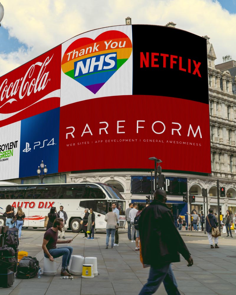 The RareForm logo apparently on the big screens over picadilly circus