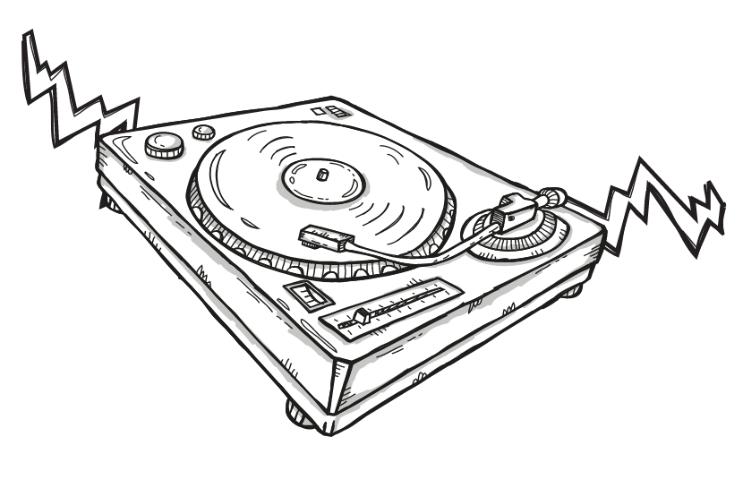 A sketched record turntable with lightning bolts