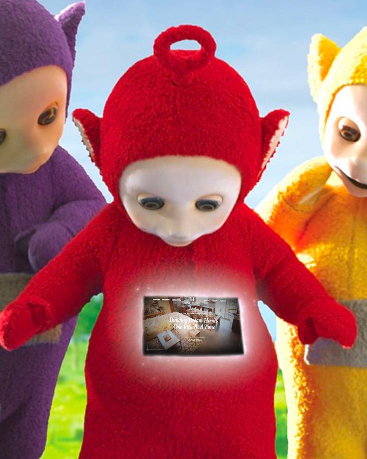 A picture of the Lynch Brother website on a tellytubby's belly