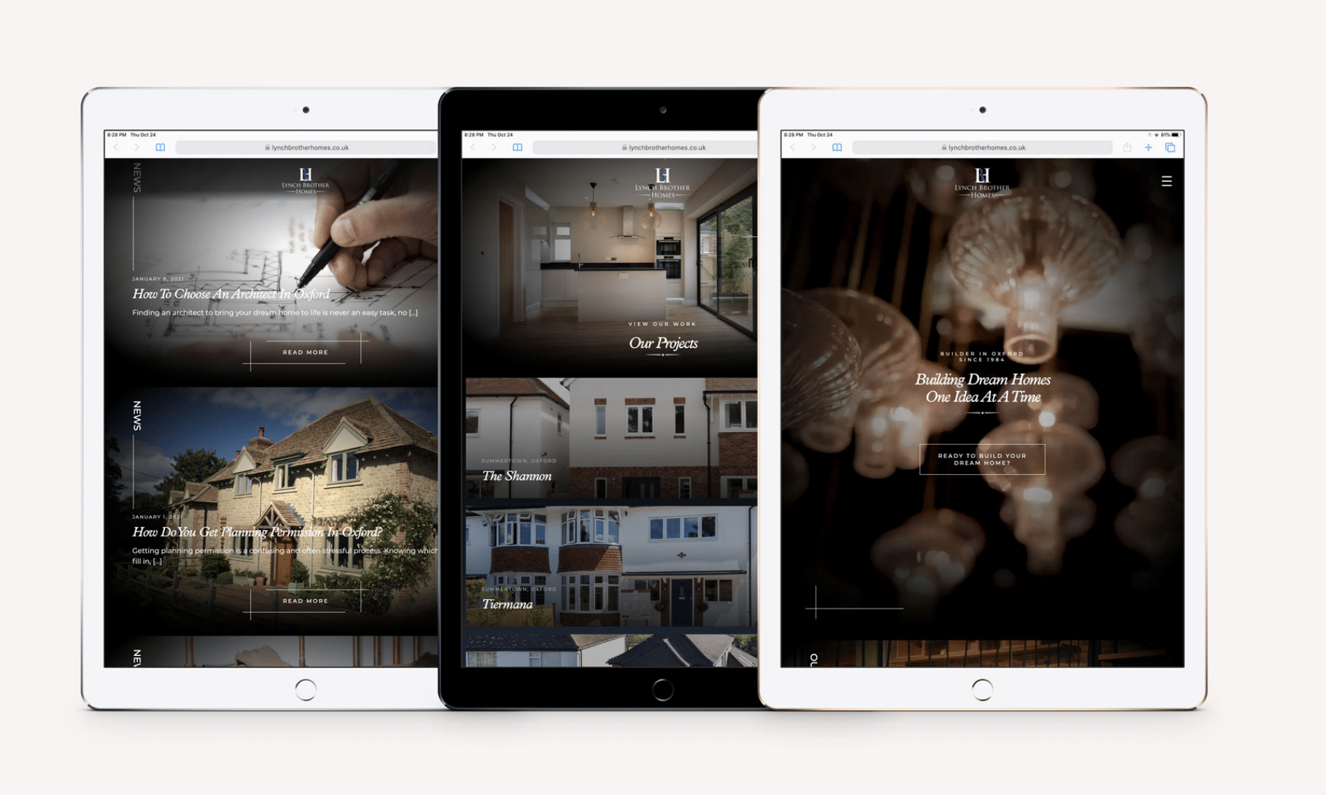 The Lynch Brother Homes website displayed on three iPads