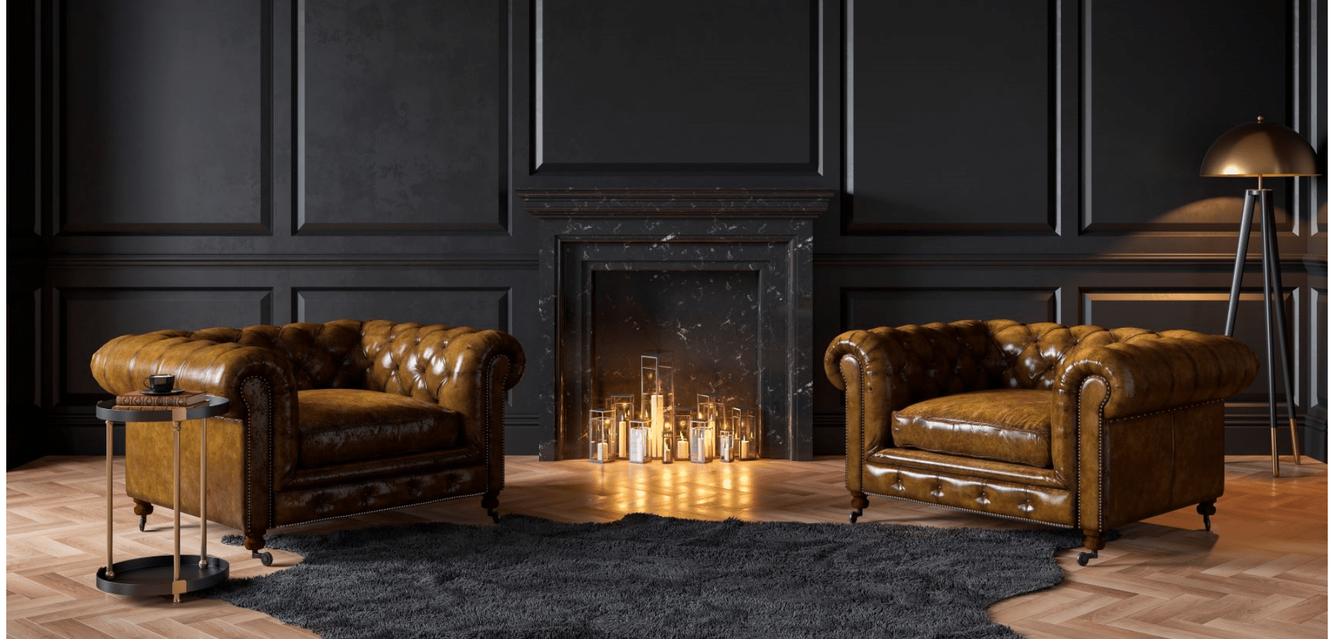 Two leather armchairs in front of a fireplace filled with lit candles
