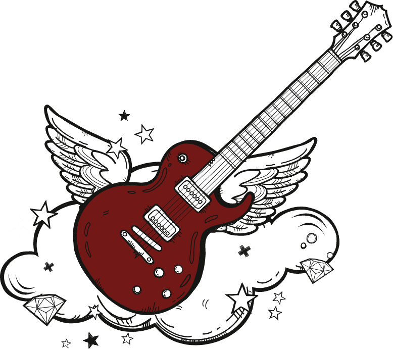 A sketched Gibson Les paul type guitar with wings on a cloud