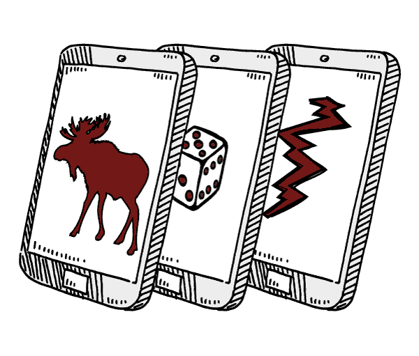 three sketched smartphones with different symbols on each screen: a moose, a dice, a lightning bolt