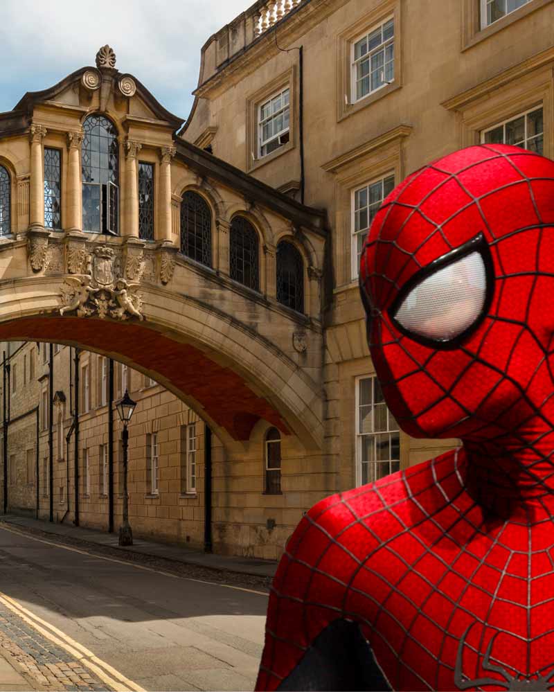 Spiderman in front of the Bridge of Sighs in Oxford