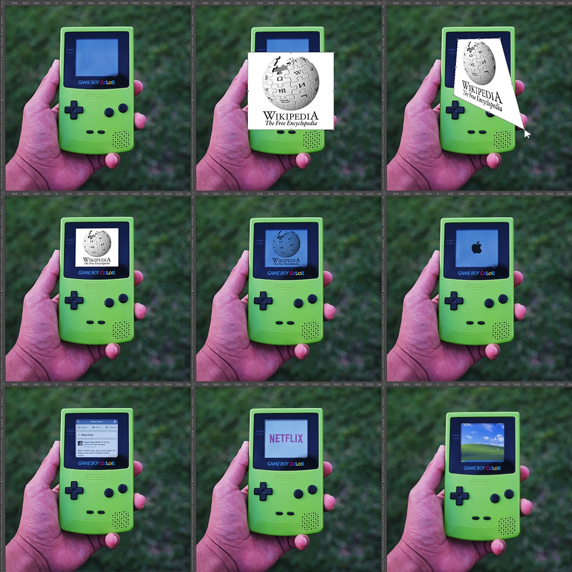 Images of a Gameboy handheld console with different images superimposed on the screen including Wikipedia, Netflix and the Windows XP desktop