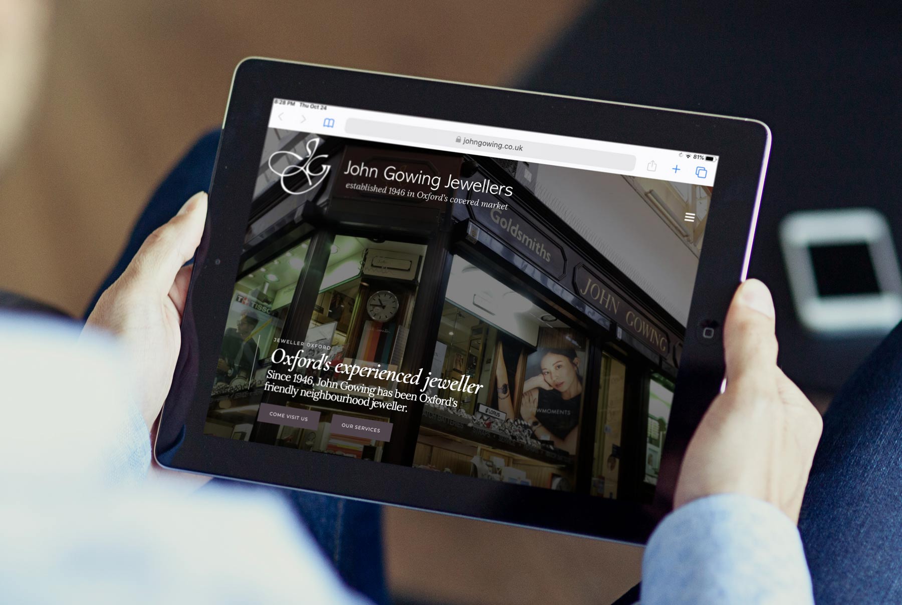 The John Gowing Jewellery website home page displayed on a tablet