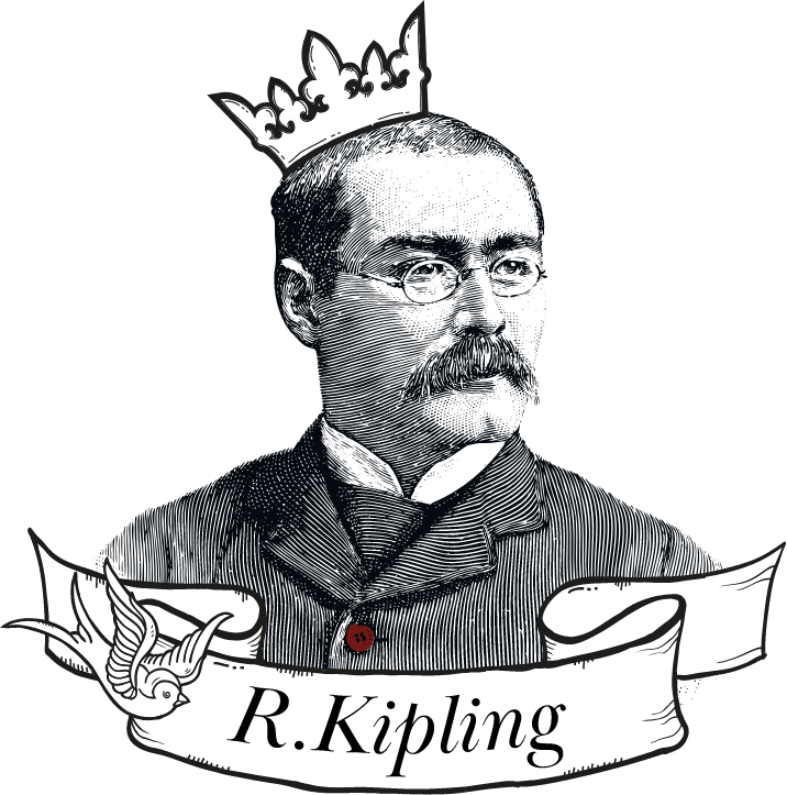 A line drawing of Rudyard Kipling, embelished with crown and name ribbon