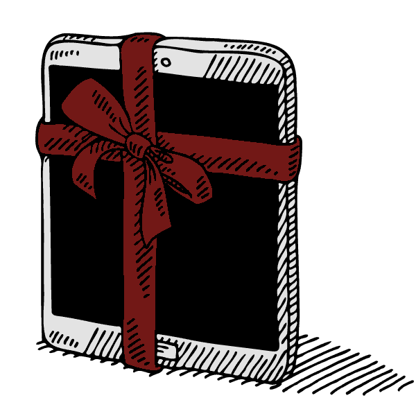 A sketched iPad qrapped in a red gift ribbon and bow ready for app development