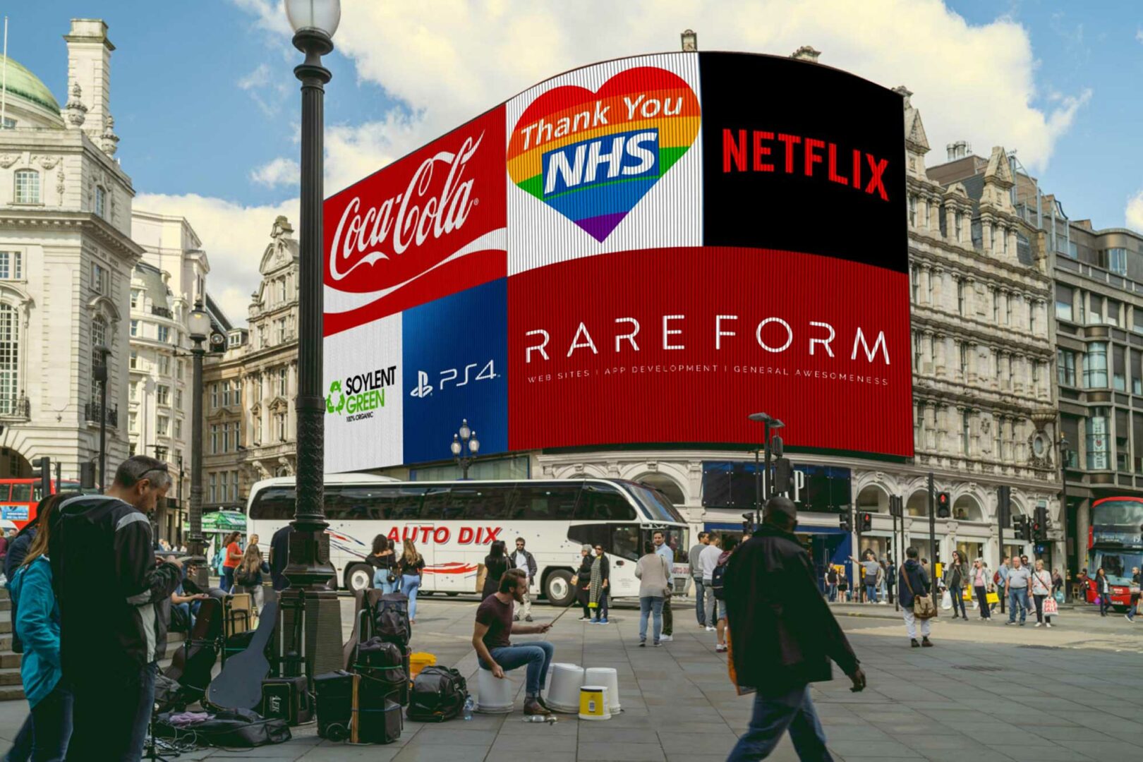 A view of the digital billboards at Piccadilly Circus, with Rare Form advertised alongside Coca-Cola, Netflix, Thank you NHS, PS4, and Soylent Green