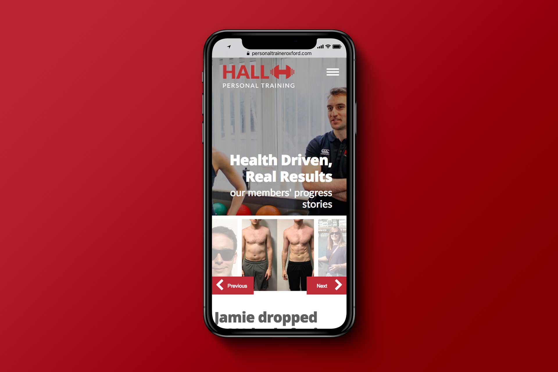 The Hall Personal Training website displayed on an iphone