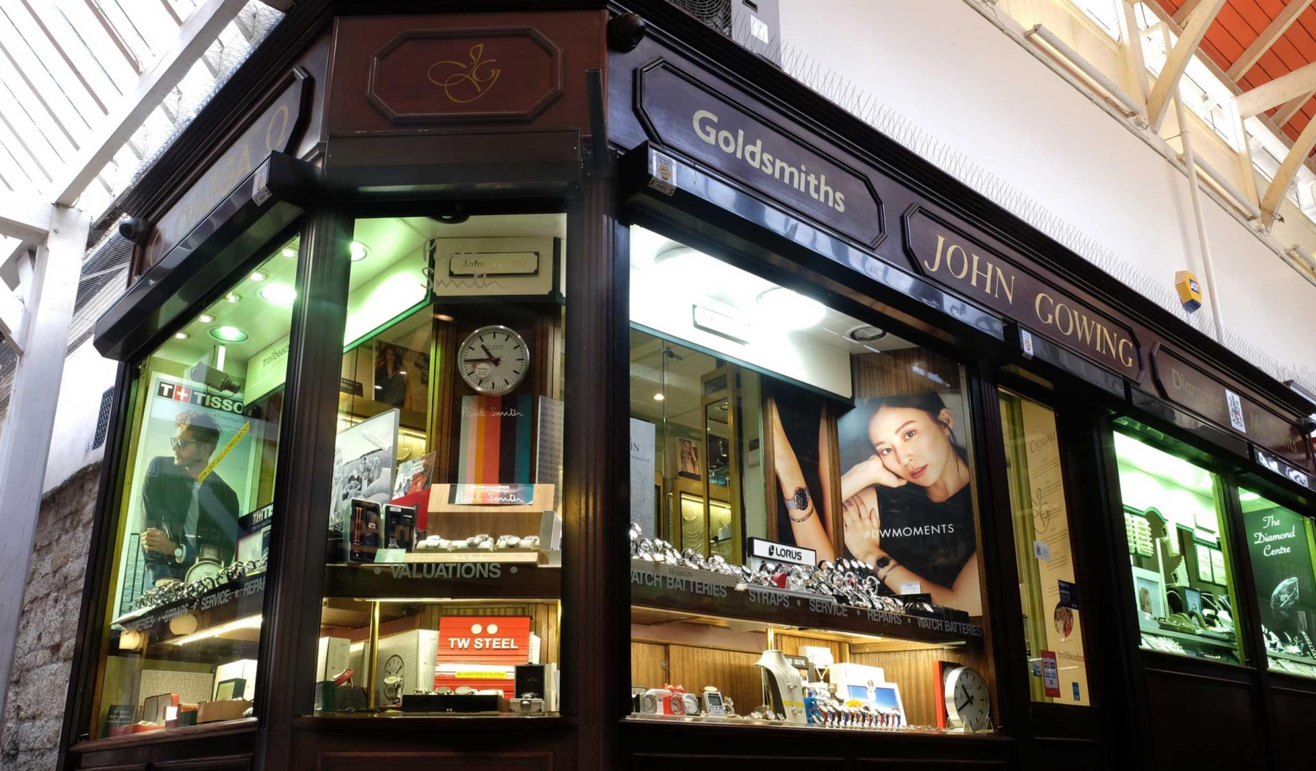 The exterior of John Gowing Jewellers shop in Oxford's Covered Market