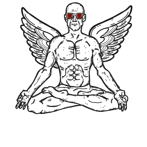 A sketch of a winged man wearing sunglasses sitting in a Lotus pose