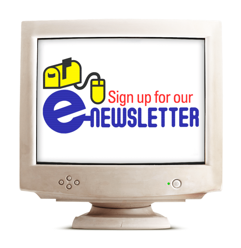 'Sign up for our e-newsletter' in rudimentary clip art style on an old beige CRT monitor