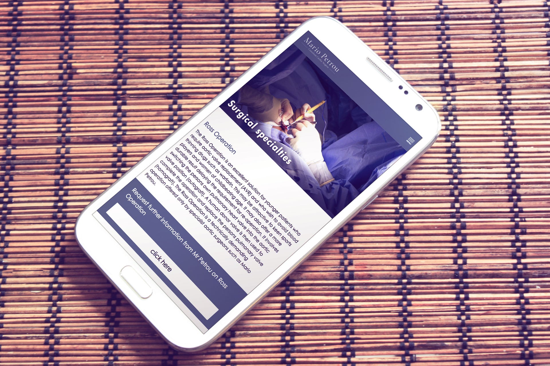 Mario Petrou's website displayed on a smartphone