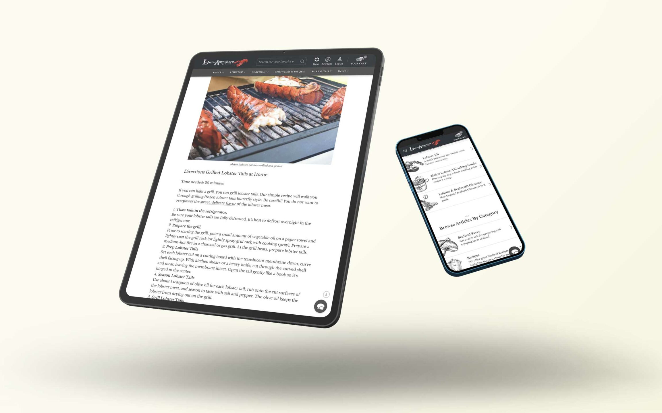 Pages from the Lobster Anywhere website being viewed on an iPad and an iPhone