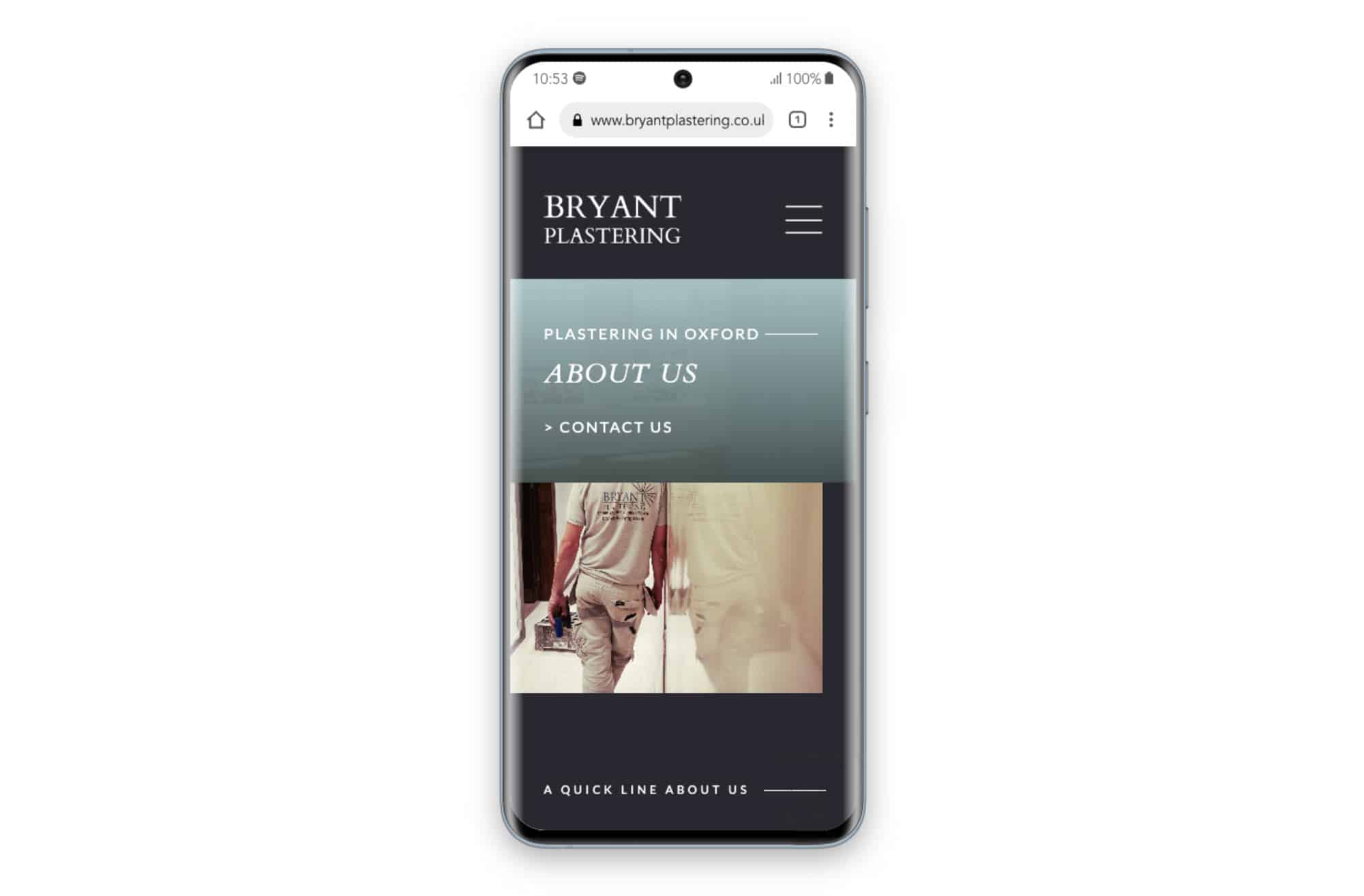The Bryant Plastering website displayed on a Samsung smartphone