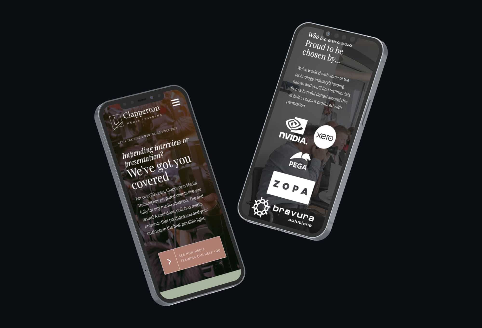 Different sections of The Clapperton Media website home page displayed on two iPhones