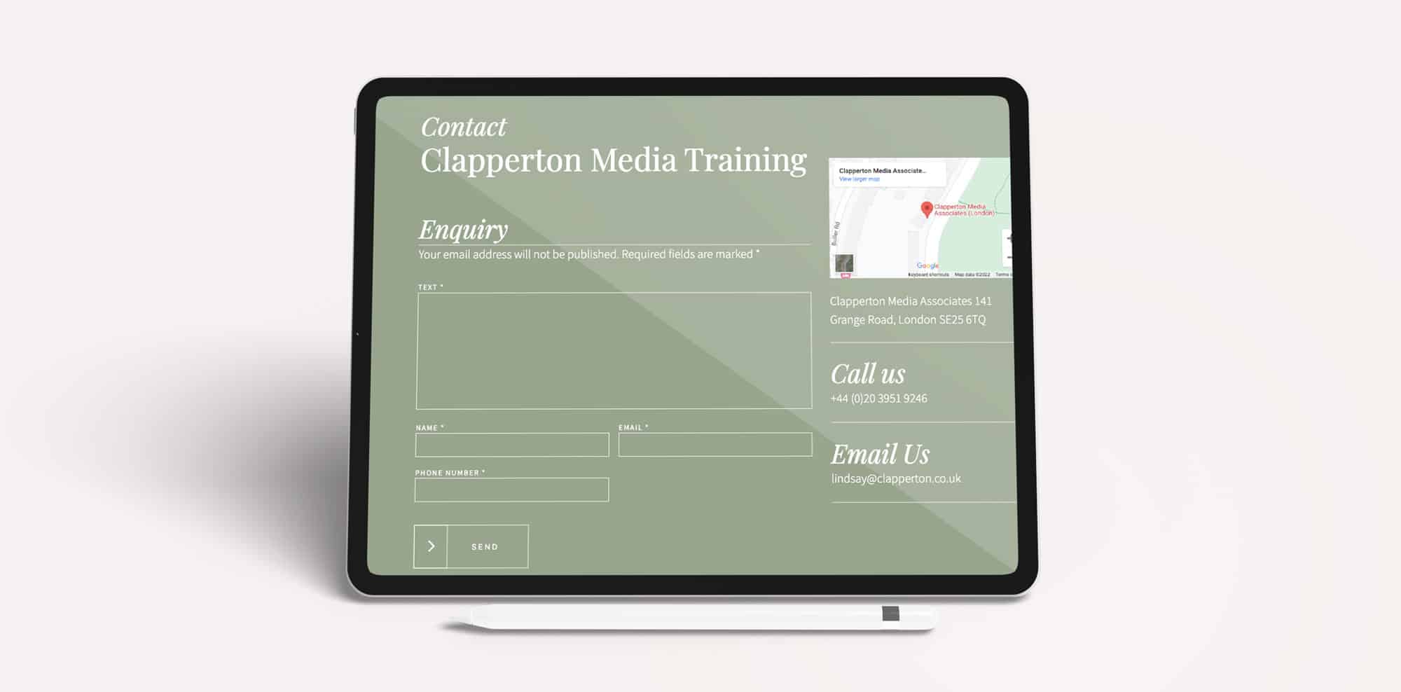The Clapperton Media website contact page displayed on an iPad