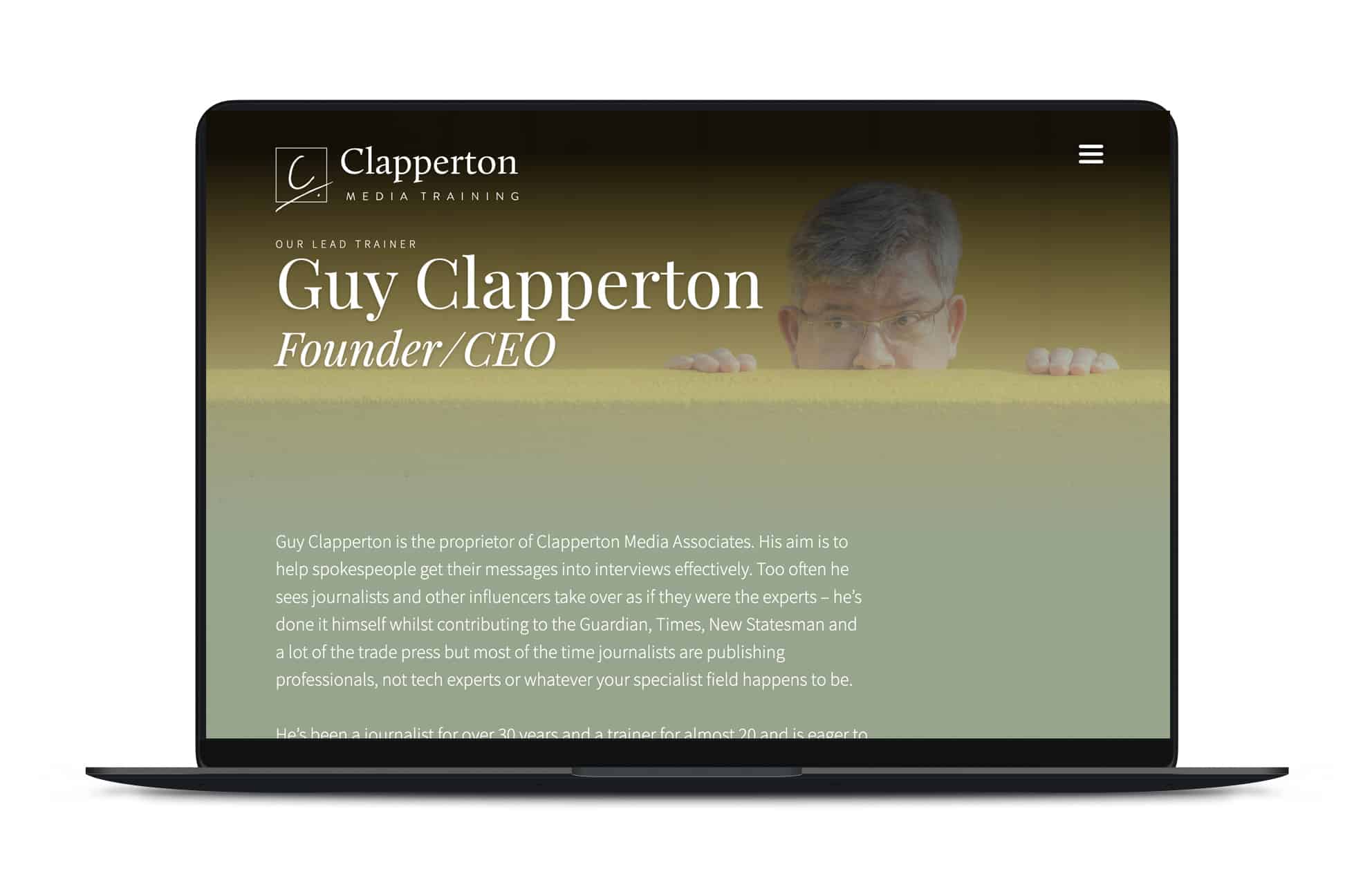 Guy Clapperton's profile page on the website displayed on a laptop
